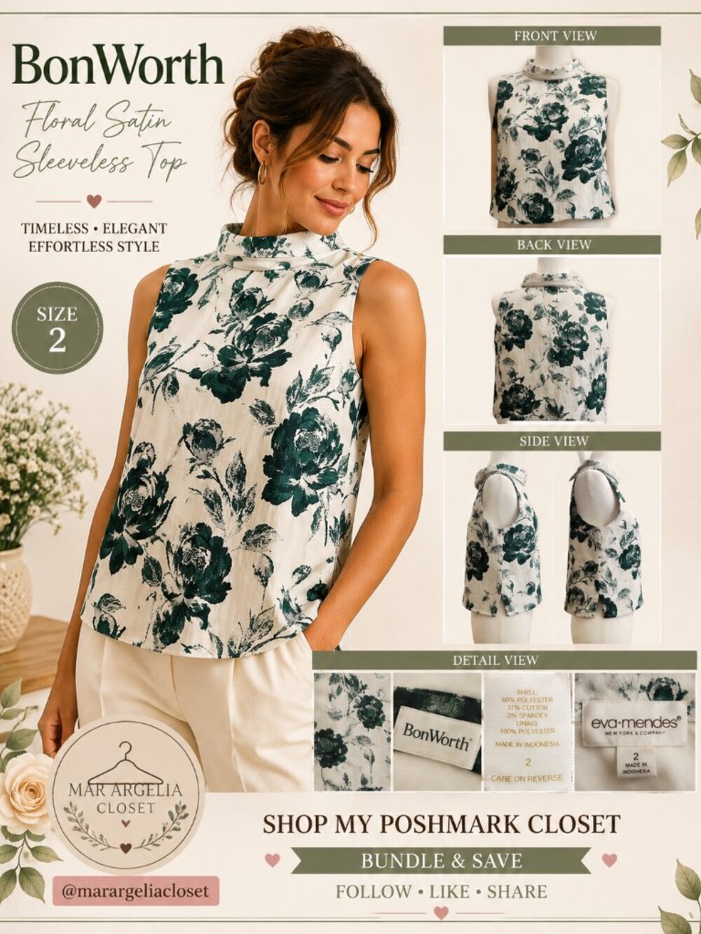 Eva Mendes Floral Mock Neck Crop Top Green Ivory Romantic Size 2
